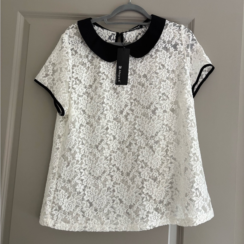 Allegra K White Lace Blouse with Black Trim